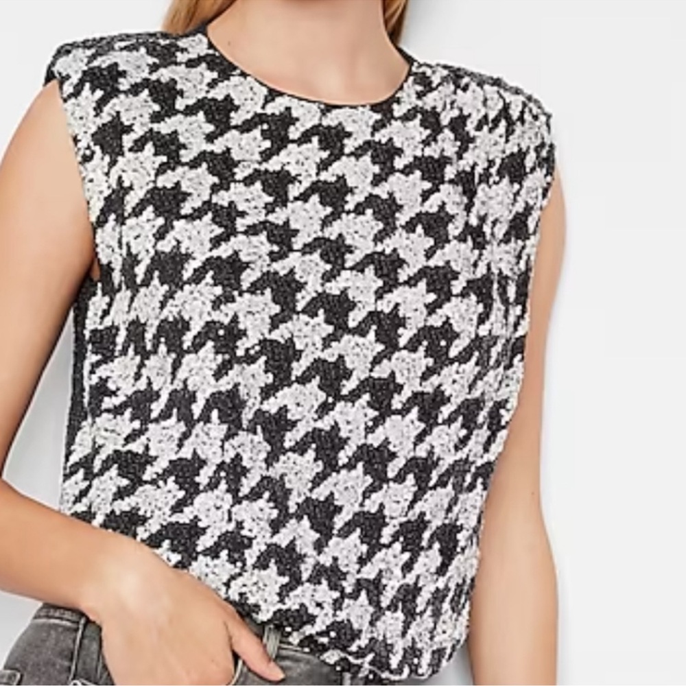 Black and White Sequin Houndstooth Sleeveless Top